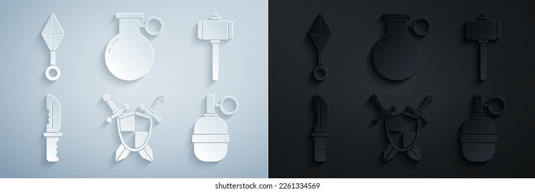 Set Medieval shield with crossed swords, Battle hammer, Military knife, Hand grenade,  and Japanese ninja shuriken icon. Vector