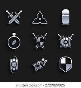 Set Medieval shield with crossed swords, Japanese ninja shuriken, Shield, Wooden, dynamite stick and timer clock, Compass, Cartridges and Crossed medieval icon. Vector
