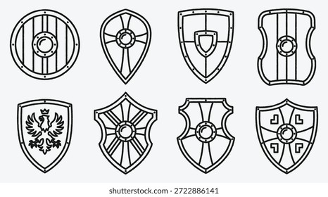 Set mittelalterlicher Schilddesigns mit verschiedenen Formen und Mustern für grafische und Illustrationszwecke