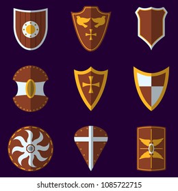 Set of Medieval Shield Icon and Label. Flat style. Vector illustration logo.