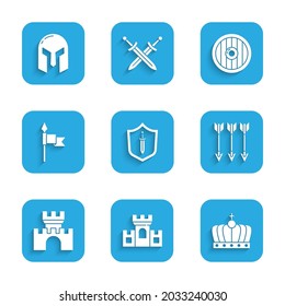 Set Medieval shield with sword, Castle, fortress, King crown, Crossed arrows, spear, Round wooden and iron helmet icon. Vector