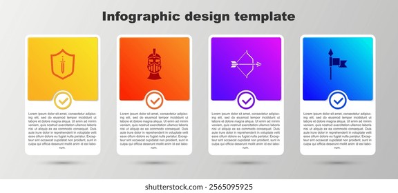 Set Medieval shield with sword, iron helmet, bow and arrow and spear. Business infographic template. Vector