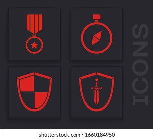 Set Medieval shield with sword, Military reward medal, Compass and Shield icon. Vector