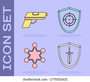 Set Medieval shield with sword, Pistol or gun, Police badge and Target sport icon. Vector