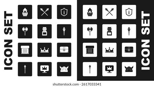 Set Medieval shield with sword, Poison in bottle, axe, Castle tower, Torch flame, Crossed medieval spears, Antique treasure chest and Decree, parchment, scroll icon. Vector