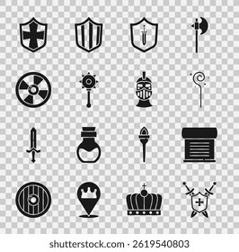 Set Medieval shield with swords, Decree, parchment, scroll, Magic staff, chained mace ball, Round wooden, Shield and iron helmet icon. Vector