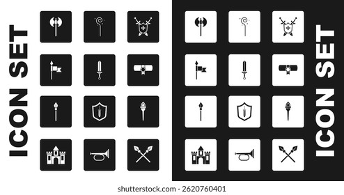 Set Medieval shield with swords, spear, axe, Decree, parchment, scroll, Magic staff, Torch flame and  icon. Vector