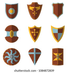 Set of Medieval Shield and Weapon Icon and Label. Flat style. Vector illustration logo.
