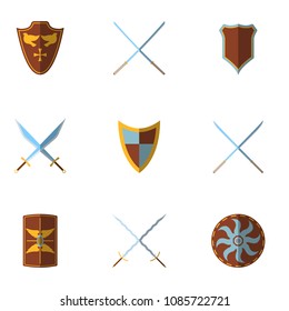 Set of Medieval Shield and Weapon Icon and Label. Flat style. Vector illustration logo.