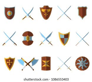 Set of Medieval Shield and Weapon Icon and Label. Flat style. Vector illustration logo.