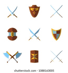 Set of Medieval Shield and Weapon Icon and Label. Flat style. Vector illustration logo.
