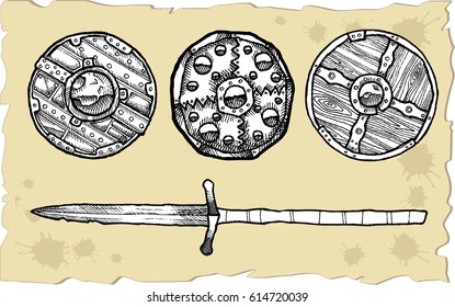 Set Medieval Shields Against Background Old Stock Vector (Royalty Free ...