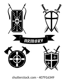 Set Medieval Shields Swords Axes Spears Stock Vector (Royalty Free ...