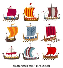 set of medieval ships, Viking Drakkars. vector illustration