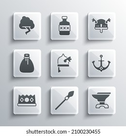 Set Medieval spear, Anvil for blacksmithing, Anchor, Viking horned helmet, King crown, Old money bag, Cloud and lightning and  icon. Vector
