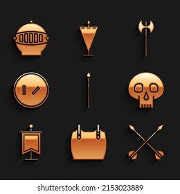 Juego de lanza medieval, armadura corporal, flechas cruzadas, cráneo, bandera, escudo redondo de madera, icono de hacha y casco de hierro. Vector