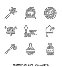 Set Medieval spear, Bottle with potion, Whiskey bottle, Viking in horned helmet, Wooden axe, Shield viking and Mace spikes icon. Vector