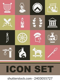 Set Medieval spear, Broken amphorae, Parthenon, Greek shield, Bottle of wine, Crossed medieval sword, Ancient lyre and Laurel wreath icon. Vector