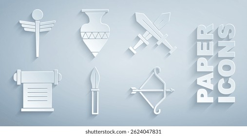 Set Medieval spear, Crossed medieval sword, Decree, parchment, scroll, bow with arrow, Ancient amphorae and Caduceus snake medical icon. Vector