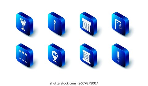 Set Medieval spear, Decree, parchment, scroll, Gallows, sword, Location king crown, Crossed arrows and goblet icon. Vector