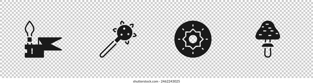 Conjunto de lanza medieval, maza con espigas, escudo vikingo y seta icono. Vector