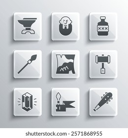 Set Medieval spear, Mace with spikes, Battle hammer, Folded map, Gem stone, Anvil for blacksmithing and Whiskey bottle icon. Vector