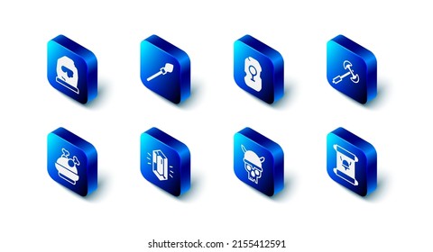 Set Medieval spear, Magic rune, poleaxe, Decree, parchment, scroll, Skull with viking helmet, Gem stone, Roasted turkey or chicken and  icon. Vector