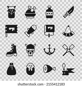 Set Medieval spear, Oars or paddles boat, Hunting horn, Whiskey bottle, Fish, Viking flag, head and book icon. Vector