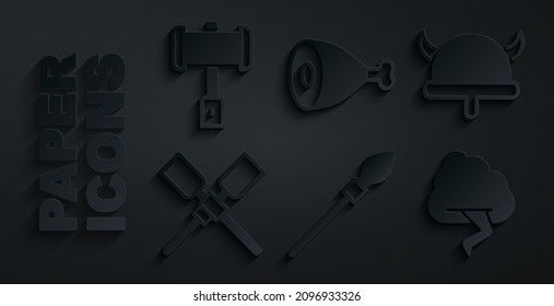 Set Medieval spear, Viking in horned helmet, Oars paddles boat, Cloud and lightning, Chicken leg and Battle hammer icon. Vector