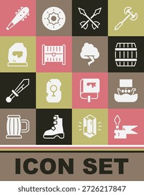 Definir lança medieval, navio Viking Drakkar, barril de madeira, setas, Baú do tesouro antigo, runa mágica, Mace com picos e Cloud e ícone de relâmpago. Vetor