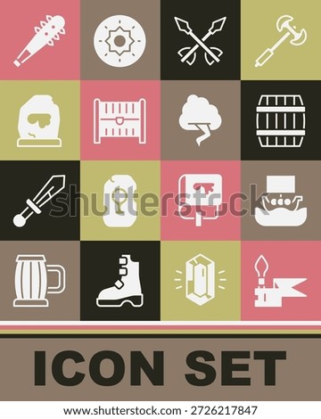 Set Medieval spear, Viking ship Drakkar, Wooden barrel, arrows, Antique treasure chest, Magic rune, Mace with spikes and Cloud and lightning icon. Vector