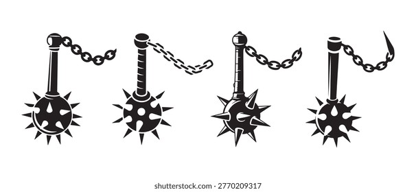 Set of Medieval Spiked Flail Weapons with Chains on White Background.