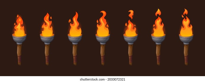 Set of medieval sprite torches with burning fire sequence animation. Ancient wooden brands with flame. Cartoon elements for pc game, flaming torchlight or lighting flambeau isolated vector icons
