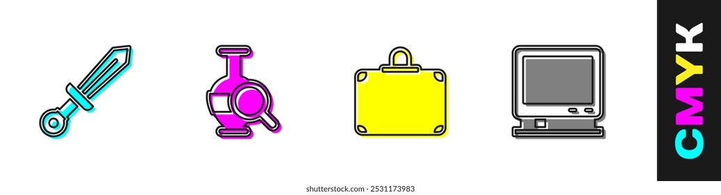 Set Mittelalterliches Schwert, Antike Amphoren, Koffer und Retro-TV-Symbol. Vektorgrafik