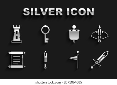 Set Medieval sword, Battle crossbow with arrow, flag, Decree, parchment, scroll, Castle tower and Old key icon. Vector