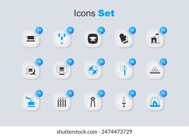 Set Espada medieval, herramienta yunque herrero, martillo, yunque y martillo, horno, barras de oro e icono de escudo redondo. Vector