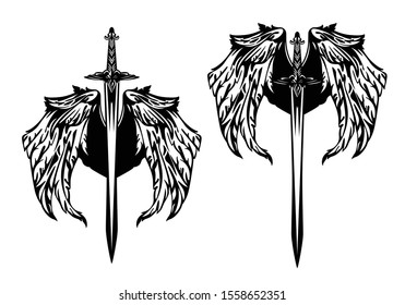 set of medieval sword blades pointing down with eagle wings spread - black and white vector design for glorious fighter consept