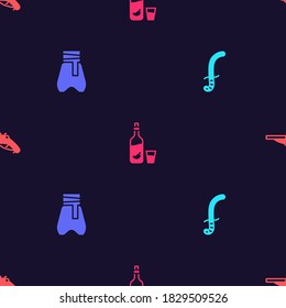 Set Medieval sword, Cossack pants, Vodka with pepper and glass and Vintage pistols on seamless pattern. Vector.