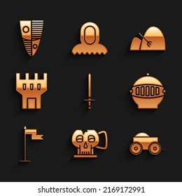 Fijar la espada medieval, la copa del cráneo, el carro de cuatro ruedas de madera, el casco de hierro, la bandera, la torre del castillo, la bola de heno y el icono rake and Shield. Vector