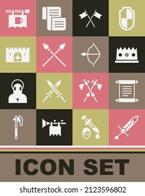 Set Medieval sword, Decree, parchment, scroll, King crown, Crossed medieval flag, spears, castle gate, Street signboard with Bar and bow and arrow icon. Vector