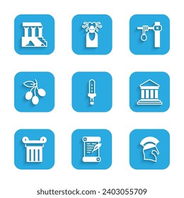 Fijar la espada medieval, el decreto, el pergamino, el pergamino, el casco griego, el partenón, la columna antigua, la rama de aceitunas, la horca y el icono. Vector