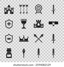 Set Medieval sword, Decree, parchment, scroll, Target with arrow, goblet, Shield, Castle, fortress and  icon. Vector