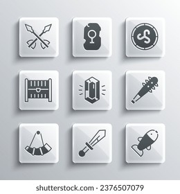 Fijar la espada medieval, el pescado, el encaje con picos, la piedra de la Gema, el cuerno de caza, el cofre del tesoro antiguo, las flechas y el icono del escudo. Vector