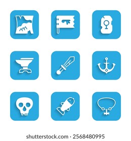 Set Medieval sword, Fish, Necklace with gem, Anchor, Skull, Anvil for blacksmithing, Magic rune and Folded map icon. Vector