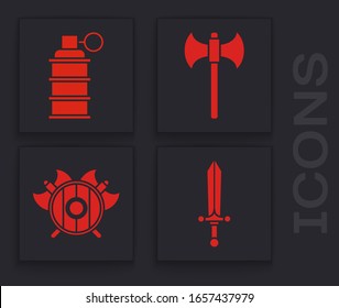 Set Medieval sword, Hand grenade, Medieval axe and Medieval shield with crossed axes icon. Vector