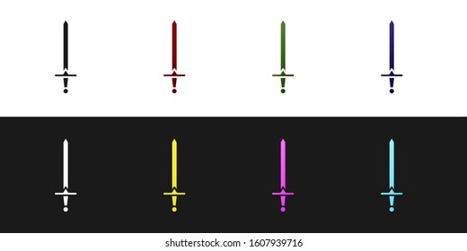 Set Medieval sword icon isolated on black and white background. Medieval weapon.  Vector Illustration