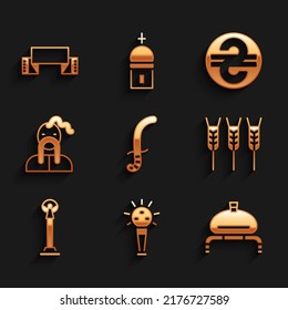 Set Medieval sword, Mace, Bread and salt, Wheat, Monument of Independence, Ukrainian cossack, hryvnia and Embroidered towel icon. Vector