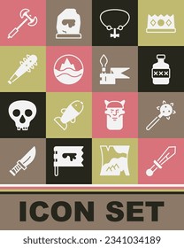 Set Medieval sword, Mace with spikes, Whiskey bottle, Necklace gem, Sea and waves, poleaxe and spear icon. Vector