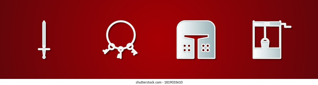 Setzen Sie mittelalterliches Schwert, alte Schlüssel, Eisenhelm und Brunnen mit Eimer-Symbol. Vektorgrafik.
