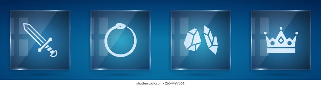 Set Medieval sword, Ouroboros, Magic stone and King crown. Square glass panels. Vector